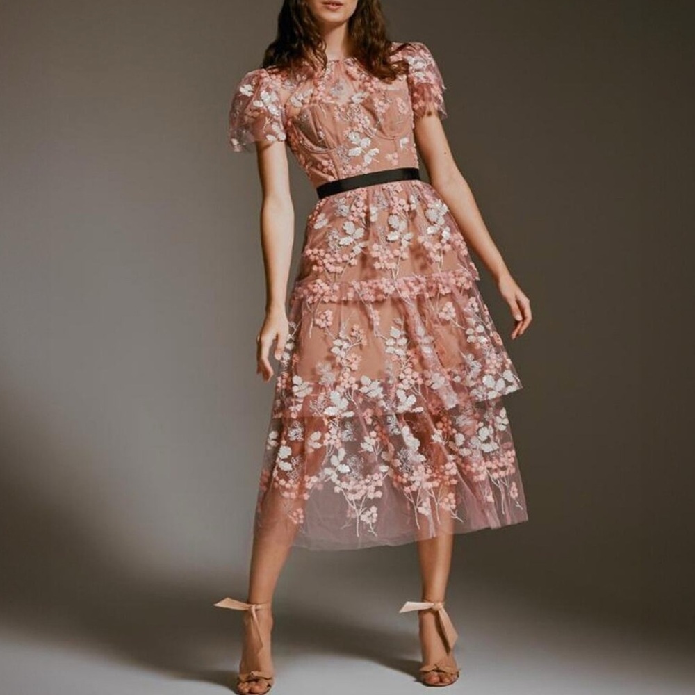 NWT Self-Portrait Floral Sequin Embroidered Midi Dress size 2